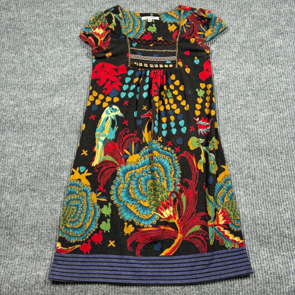 Quintessential Dress Womens S Black Floral Bird Print Mini Short Sleeve USA